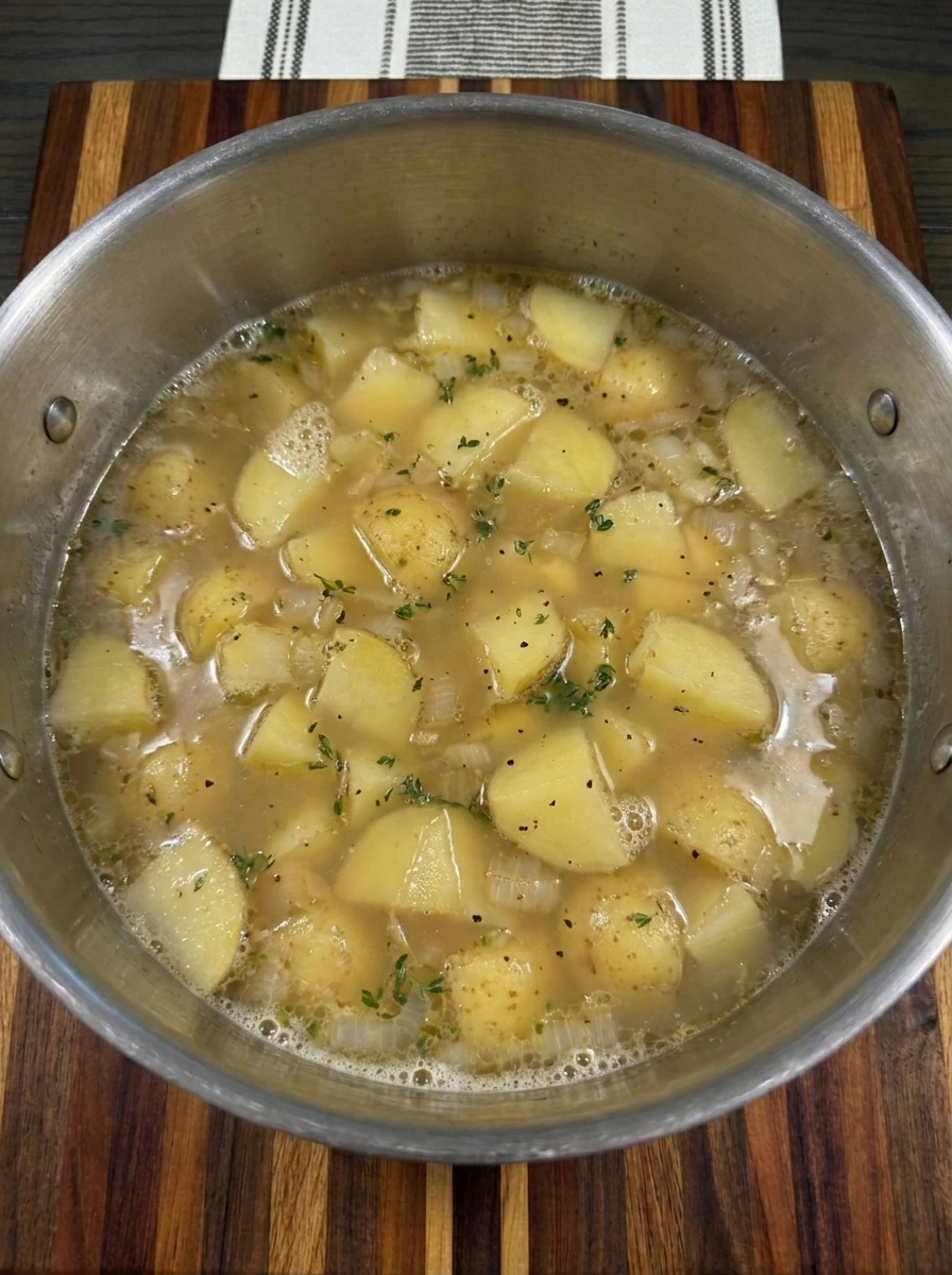 Tender potato chunks simmering with onion and thyme in golden vegetable broth