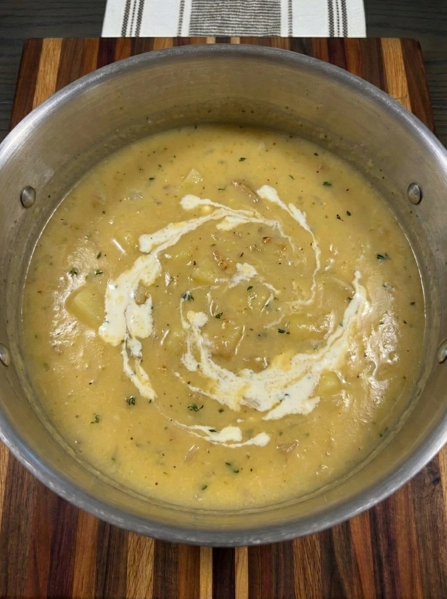 Creamy roasted garlic potato soup with heavy cream swirled into the blended potatoes