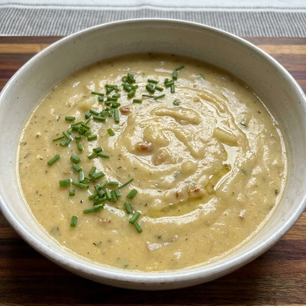 Single serving of creamy Roasted Garlic Potato Soup garnished with chopped fresh chives