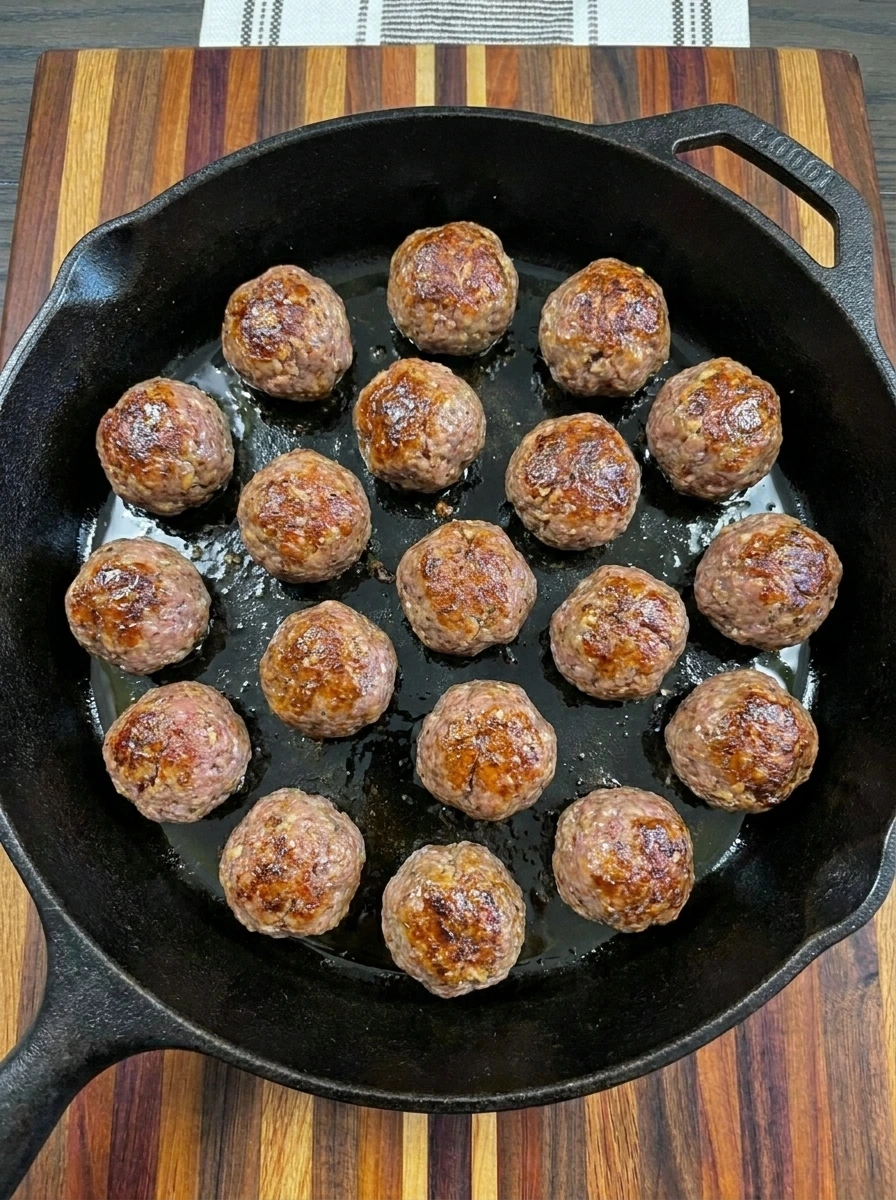 Sixteen browned Salisbury steak meatballs in a skillet
