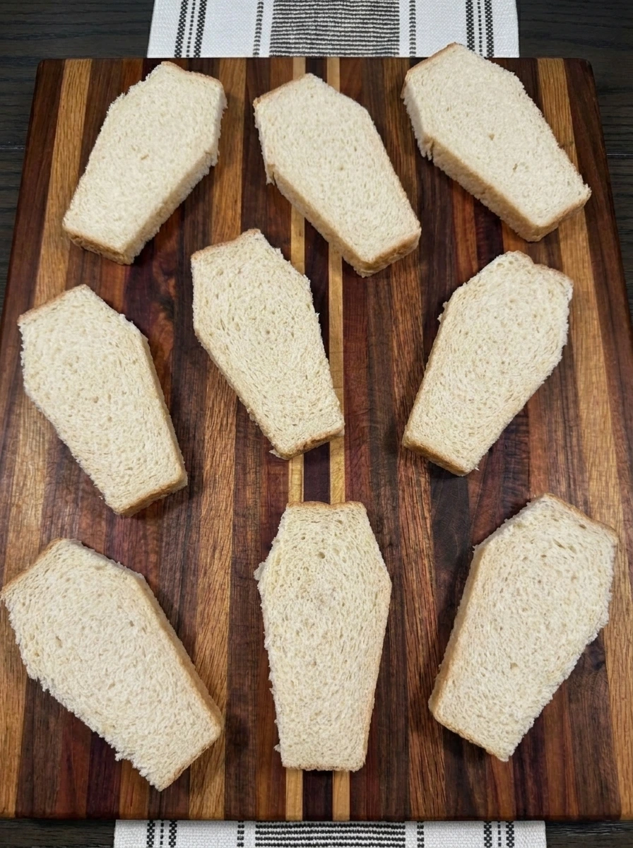 Eight bread slices cut into coffin shapes
