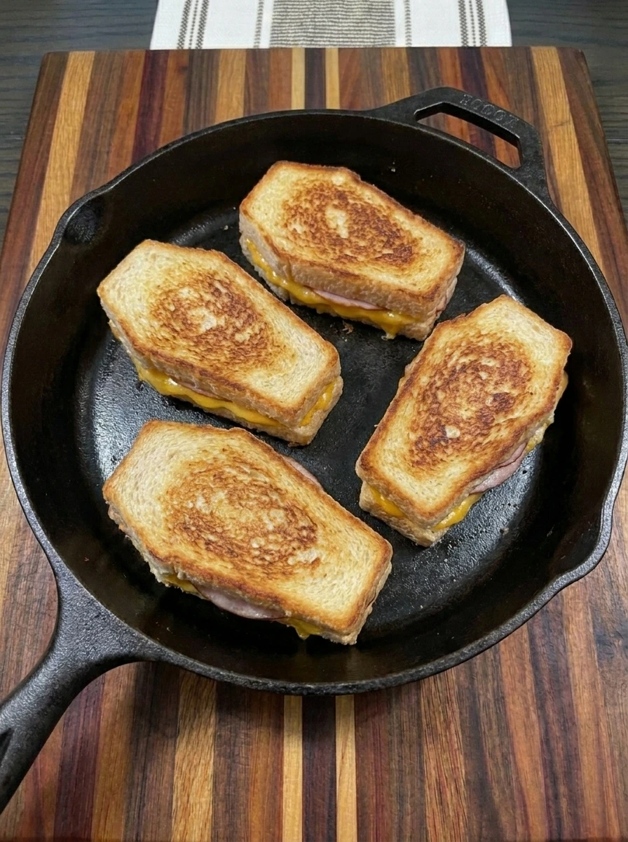 Coffin sandwiches toasted golden with melted cheddar