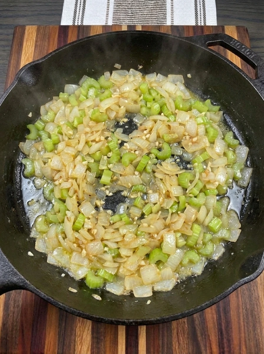 Softened onion and celery sautéed in butter with garlic for Thanksgiving Stuffing