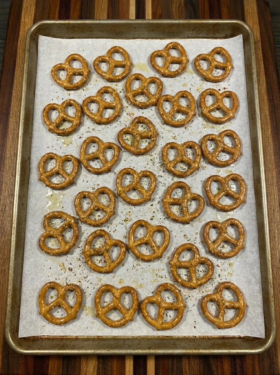 Ranch seasoned pretzels spread across a lined baking sheet before baking