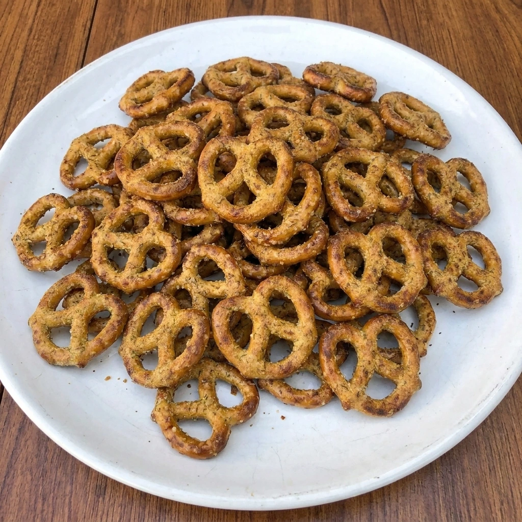 Golden brown Seasoned Pretzels coated with ranch and garlic seasoning on a white ceramic plate