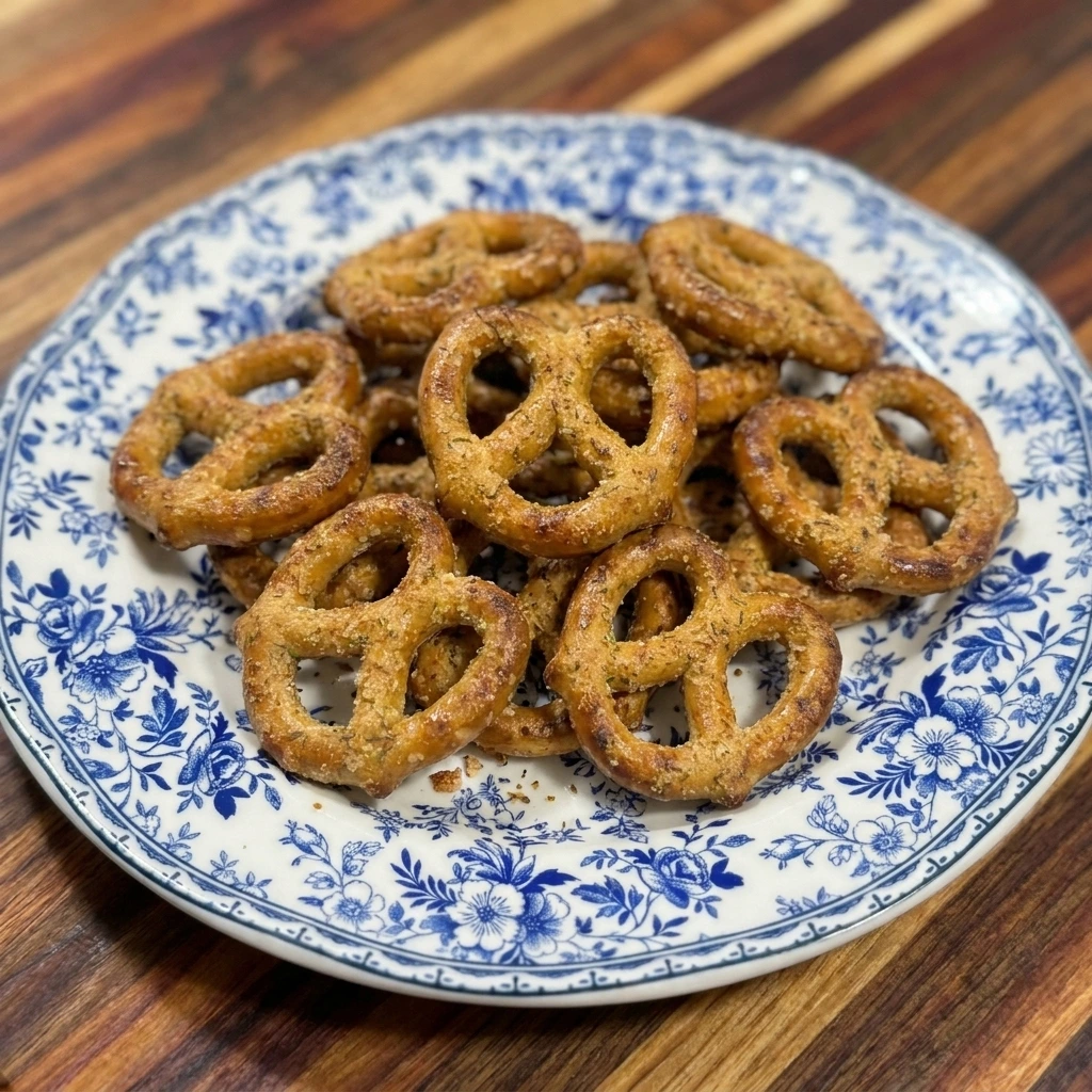 Single portion of crunchy ranch Seasoned Pretzels served on a white plate