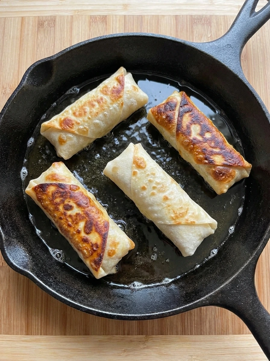 Four Southwest Egg Rolls frying until golden brown and crispy in a skillet