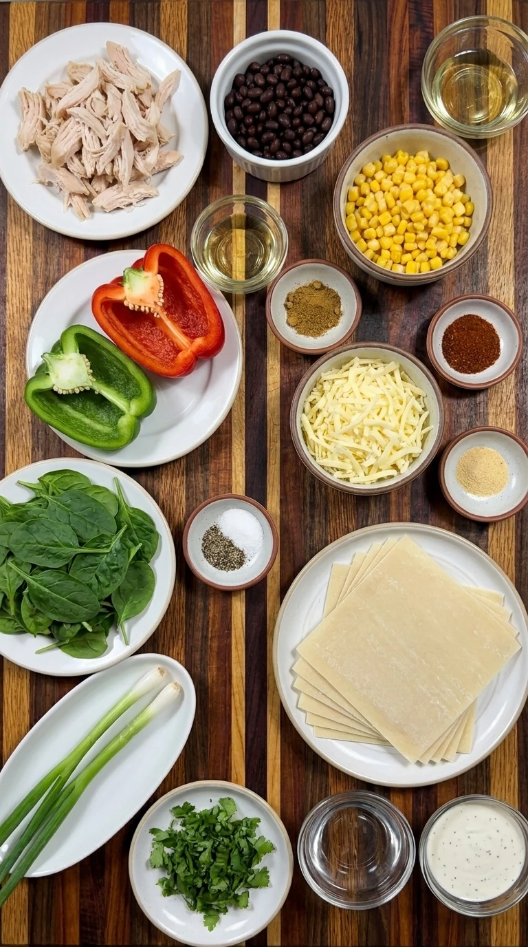 Ingredients for Southwest Egg Rolls including chicken and black beans and corn and peppers and cheese