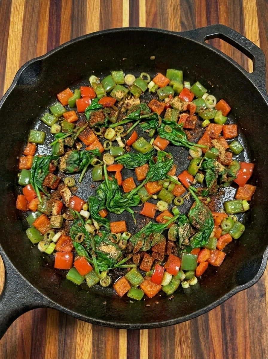 Seasoned peppers and wilted spinach cooking in a skillet for Southwest Egg Rolls