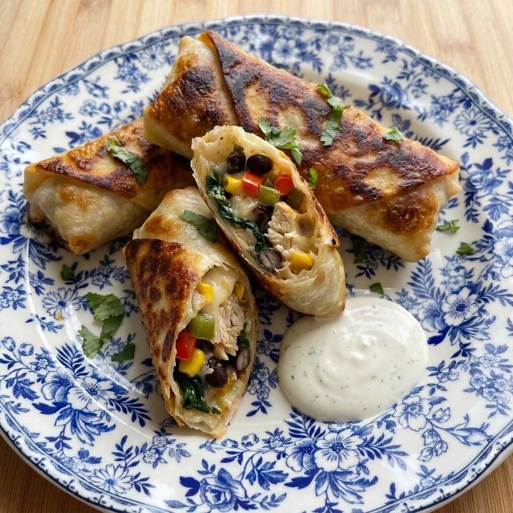 Sliced Southwest Egg Rolls showing chicken and vegetables and melted cheese inside