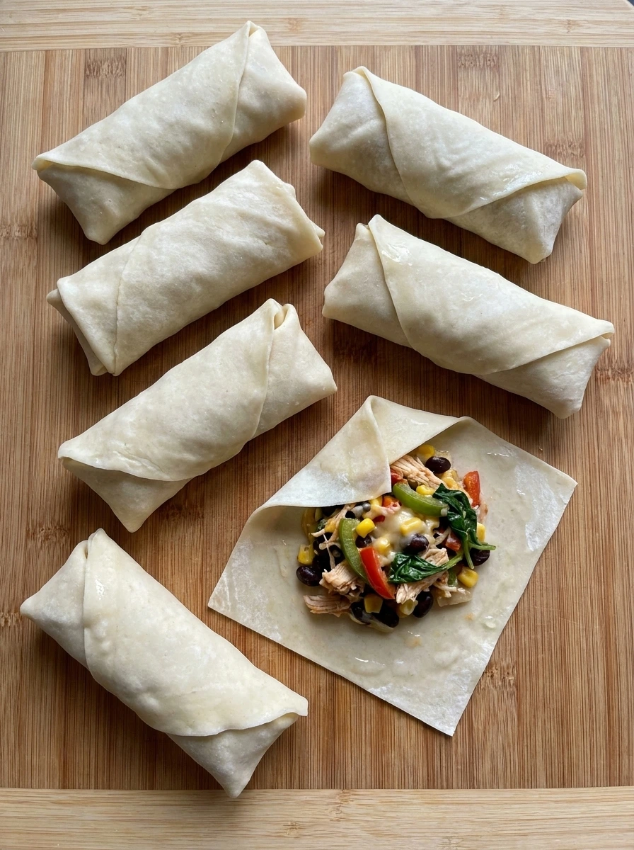 Eight Southwest Egg Rolls being filled and wrapped before frying