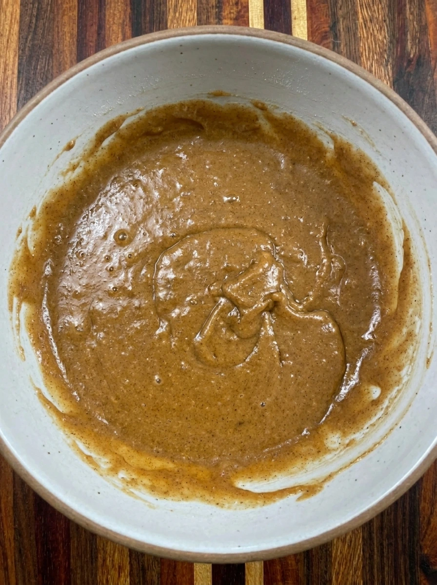 Thick brown spice cake batter with cinnamon flecks freshly combined in a mixing bowl.