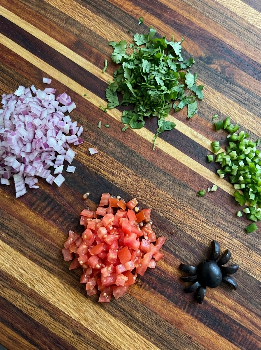 Diced vegetables and sliced olives for Spiderweb Guacamole