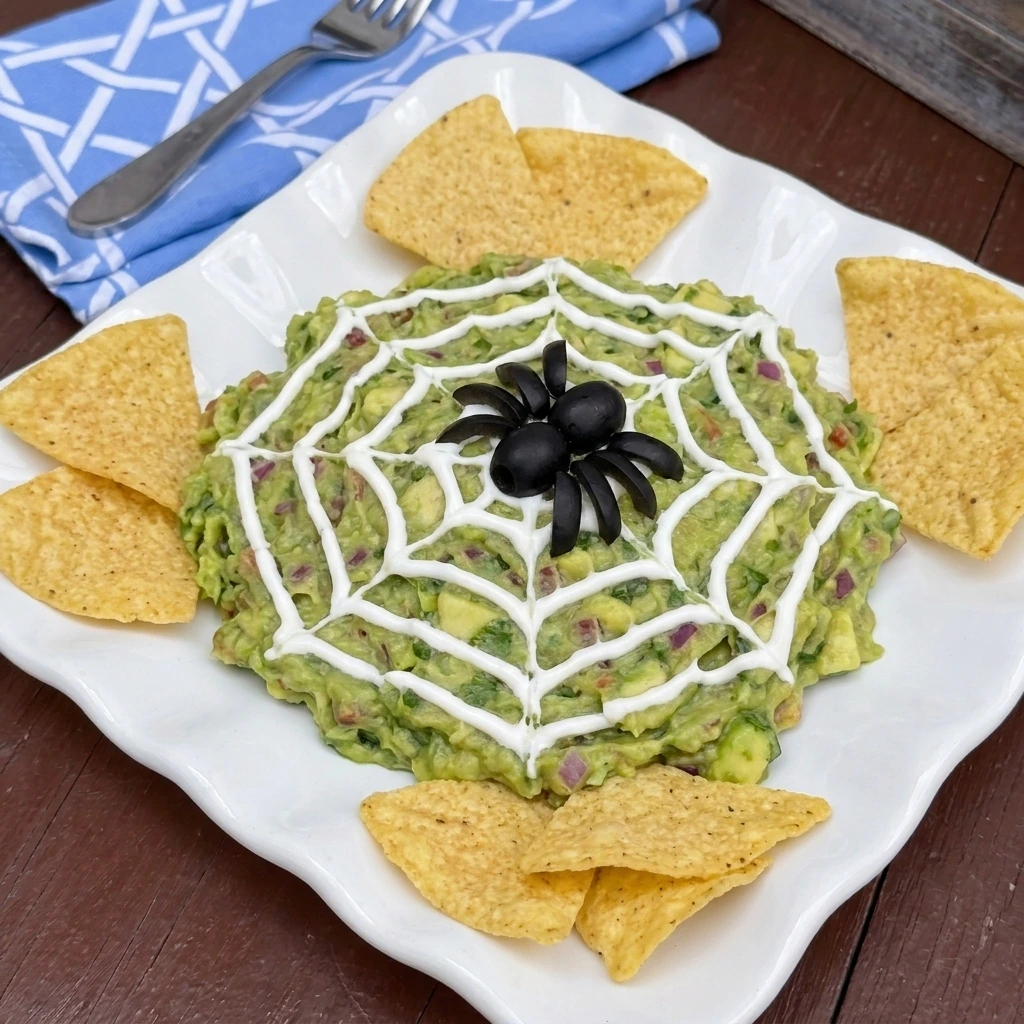 Spiderweb Guacamole with sour cream web and black olive spider