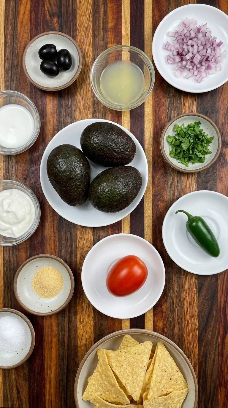 Ingredients for Spiderweb Guacamole arranged in separate containers