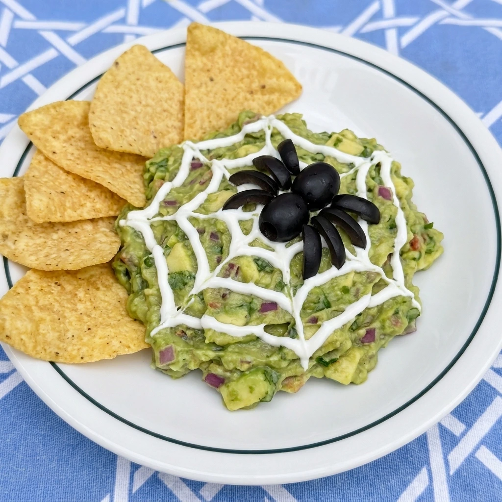 Single serving of Spiderweb Guacamole with tortilla chips