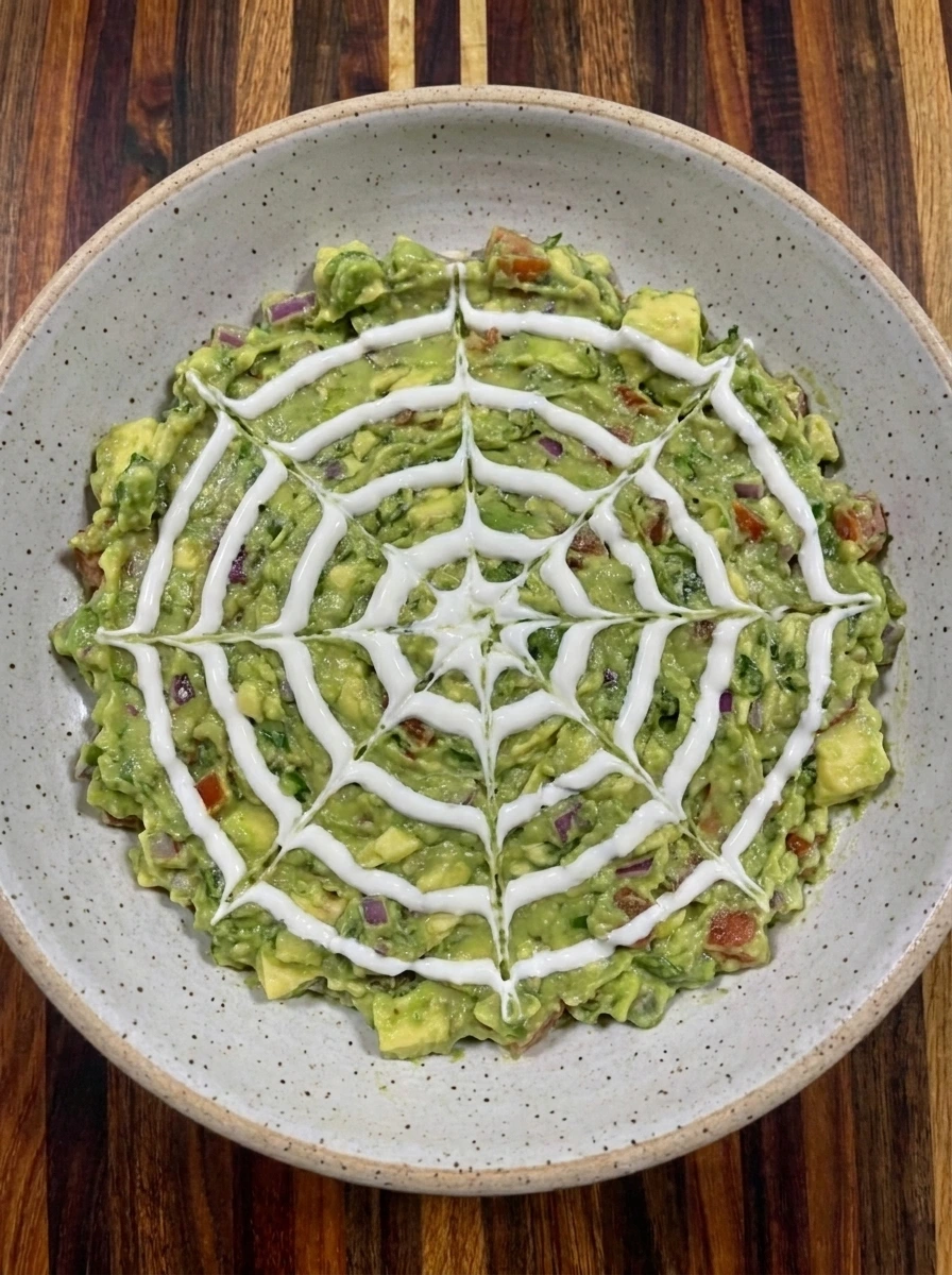 Sour cream spiderweb shaped over guacamole
