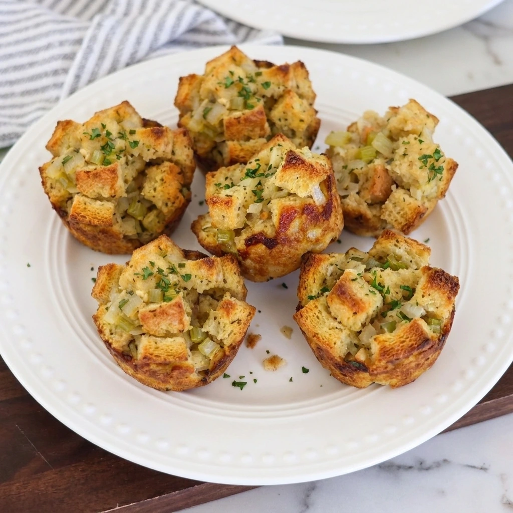 Golden homemade Stuffing Muffins with crispy bread edges and tender herb-filled centers on a white plate.