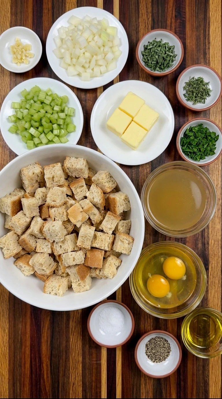 Measured ingredients for Stuffing Muffins including bread cubes and butter and onion and celery and herbs and broth and eggs.
