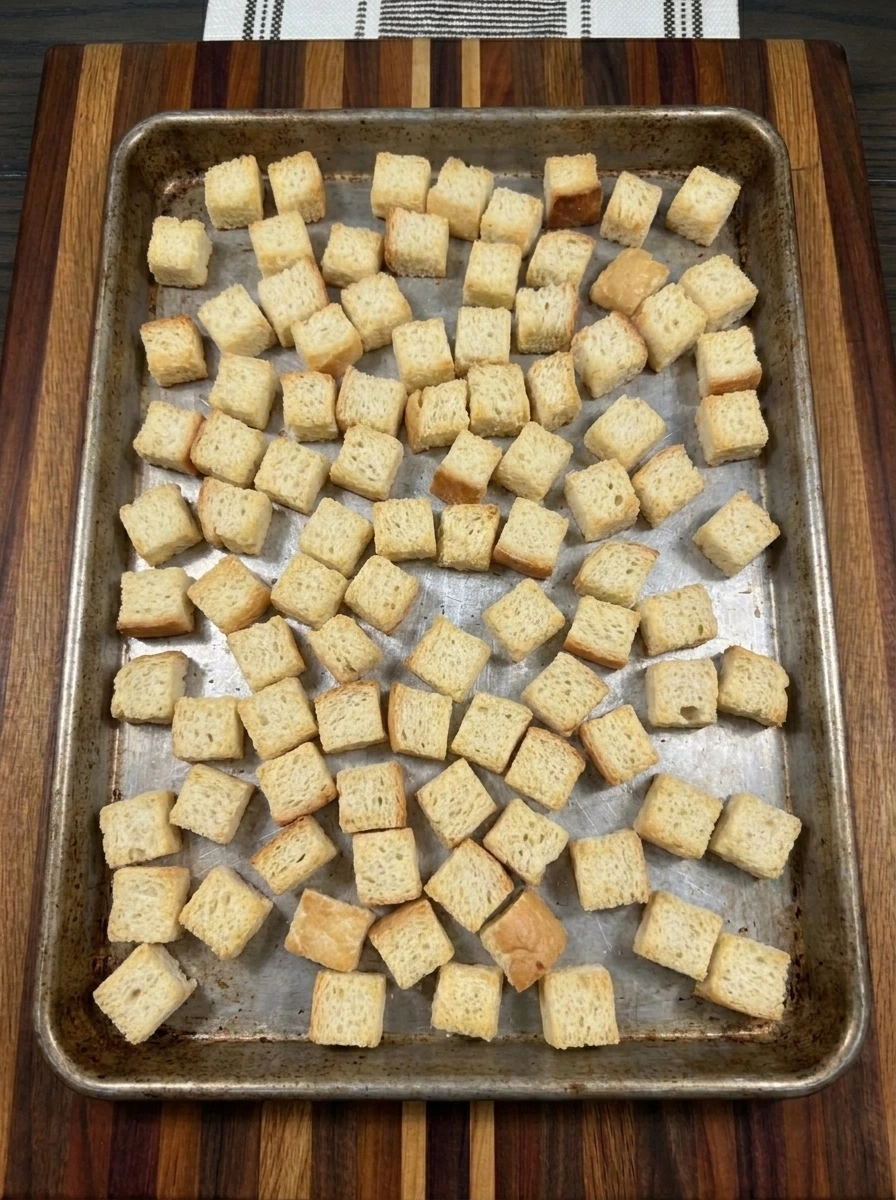 Six cups of lightly dried bread cubes arranged unevenly on a baking tray for Stuffing Muffins.