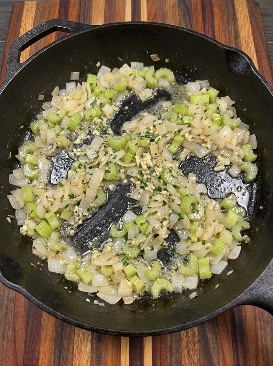 Softened onion and celery mixed with butter and fresh herbs in a skillet for Stuffing Muffins.