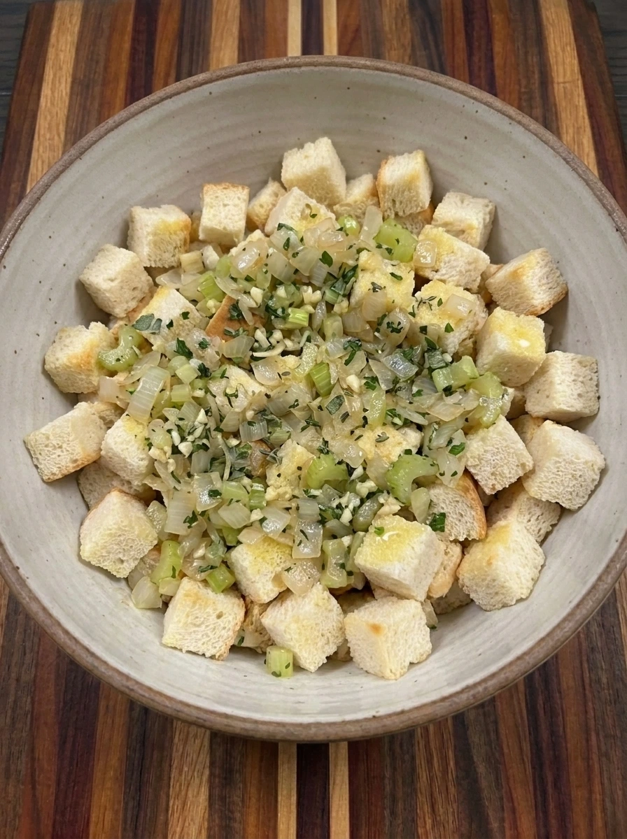 Dried bread cubes folded together with buttery onions and celery and fresh herbs in a mixing bowl.