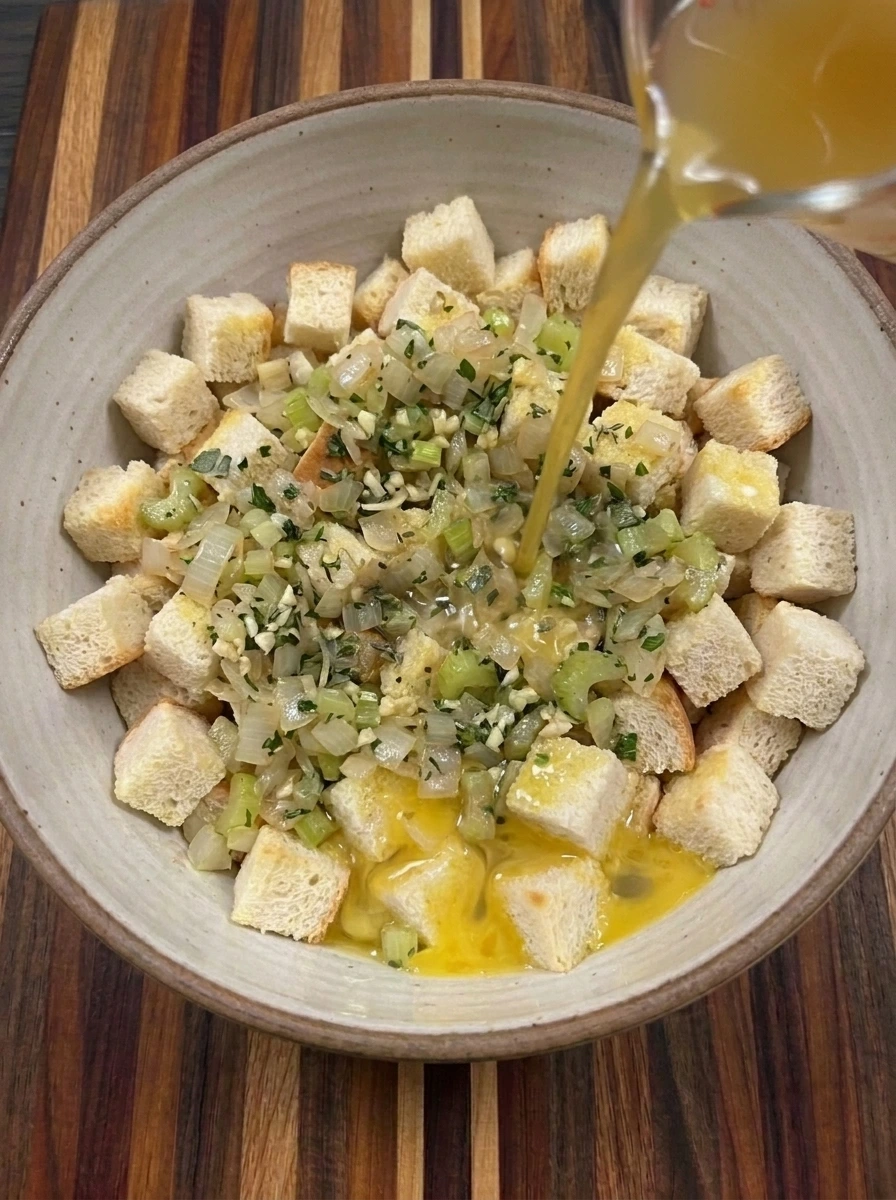 Bread and vegetable stuffing moistened with broth and eggs before shaping Stuffing Muffins.