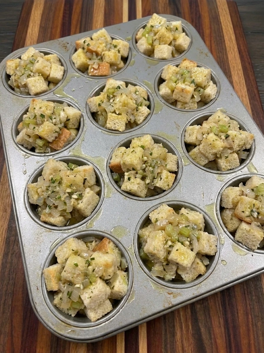 Twelve muffin tin cups filled with unbaked savory bread stuffing mixture.