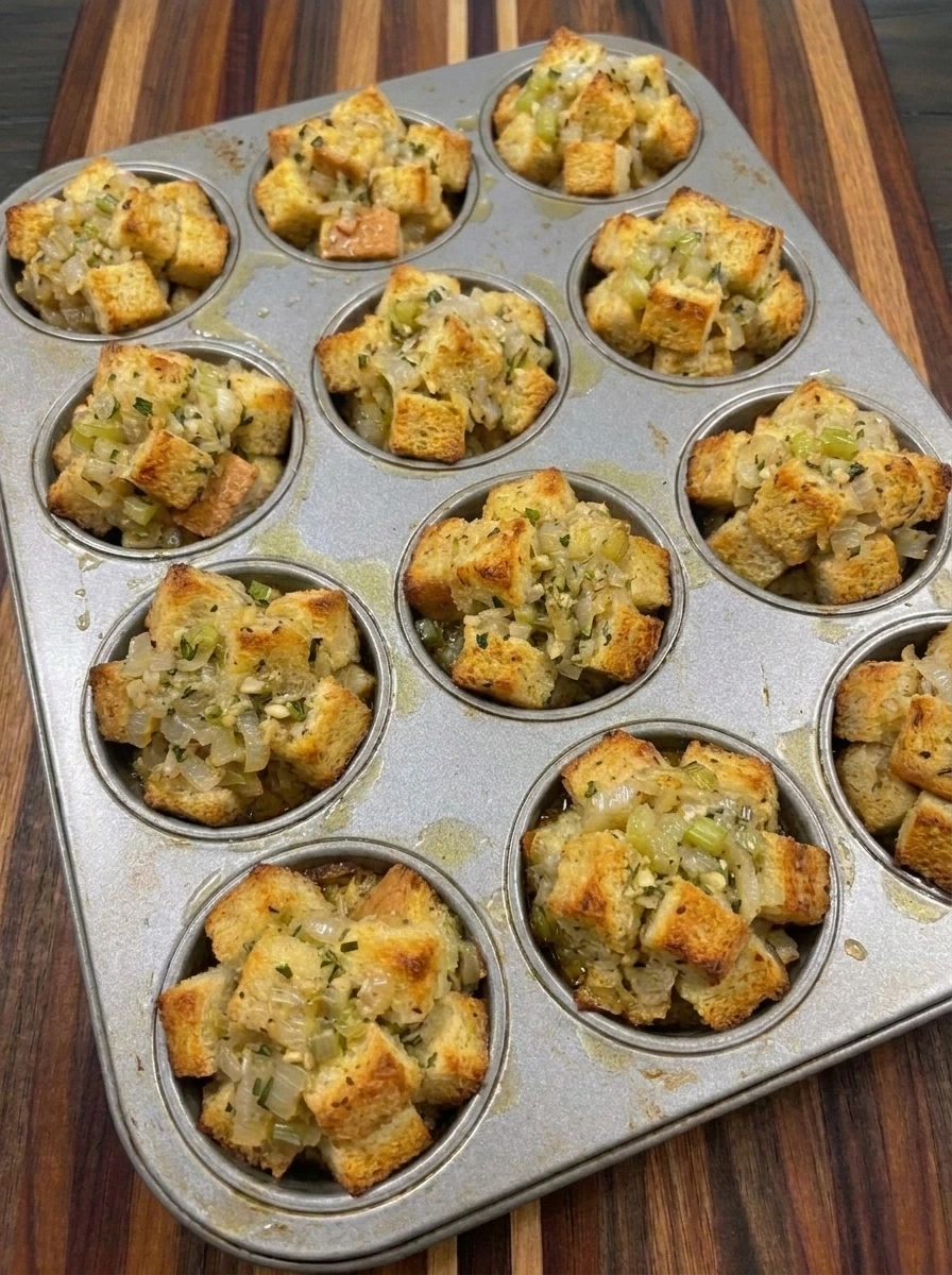 Twelve golden baked Stuffing Muffins with crisp edges and savory bread centers inside a muffin tin.