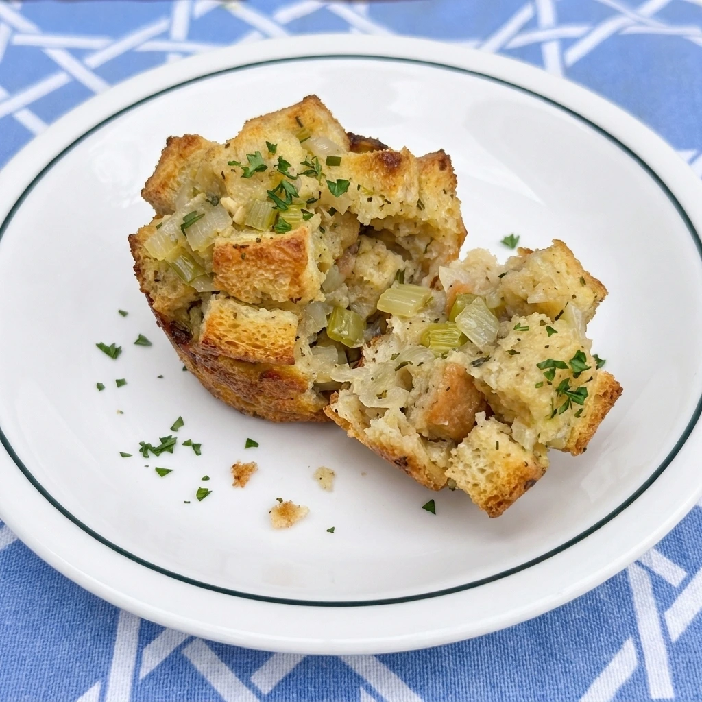 One baked Stuffing Muffin opened to reveal its moist bread and herb center on a white plate.
