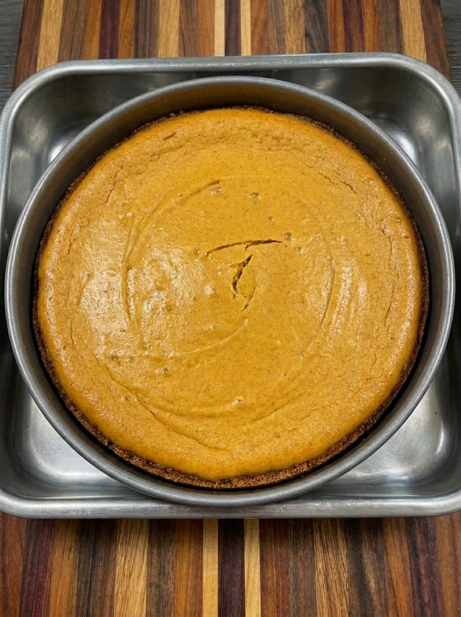 Baked sweet potato cheesecake with golden orange top and dark gingersnap cookie crust