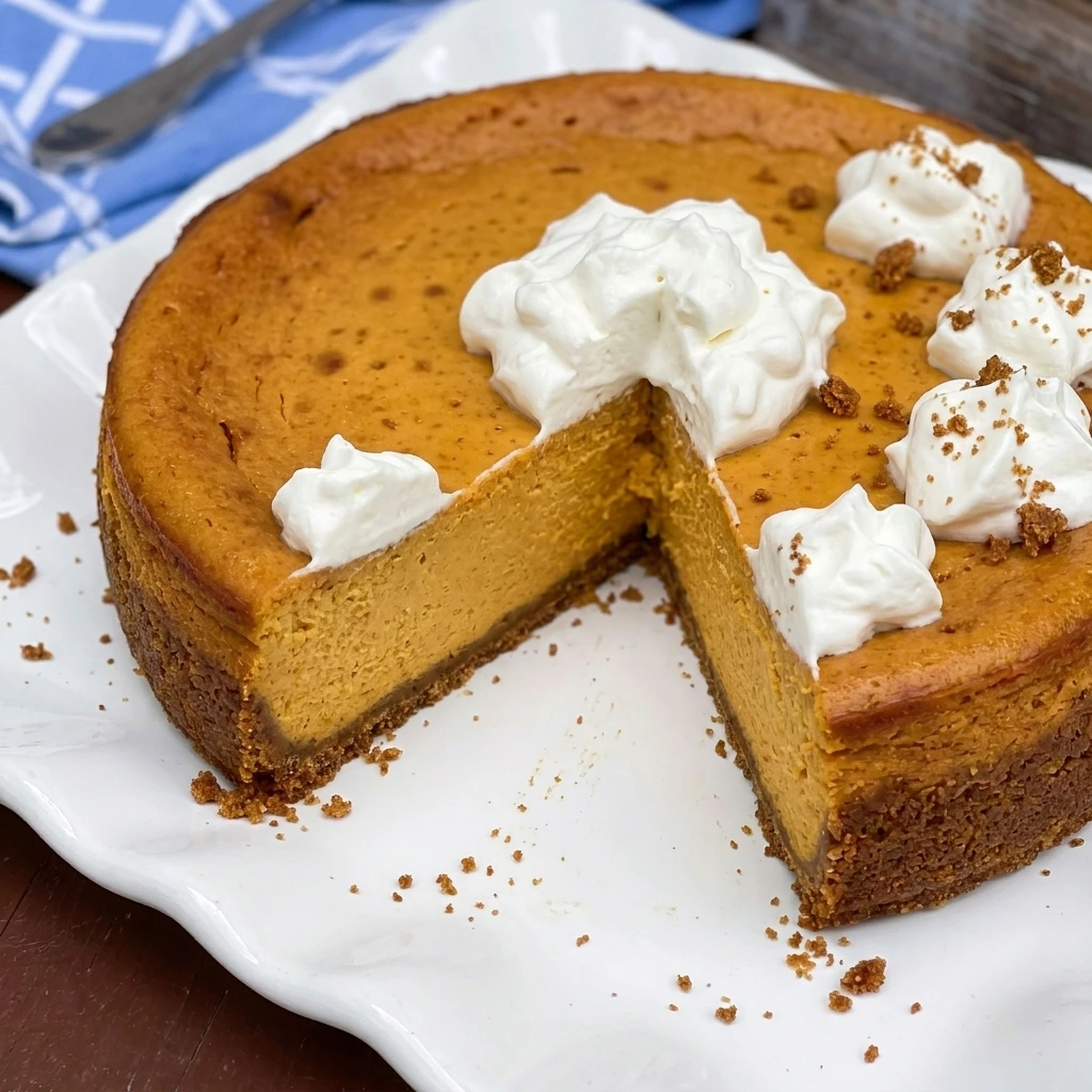 Whole Sweet Potato Cheesecake with Gingersnap Crust and one slice removed showing creamy orange filling