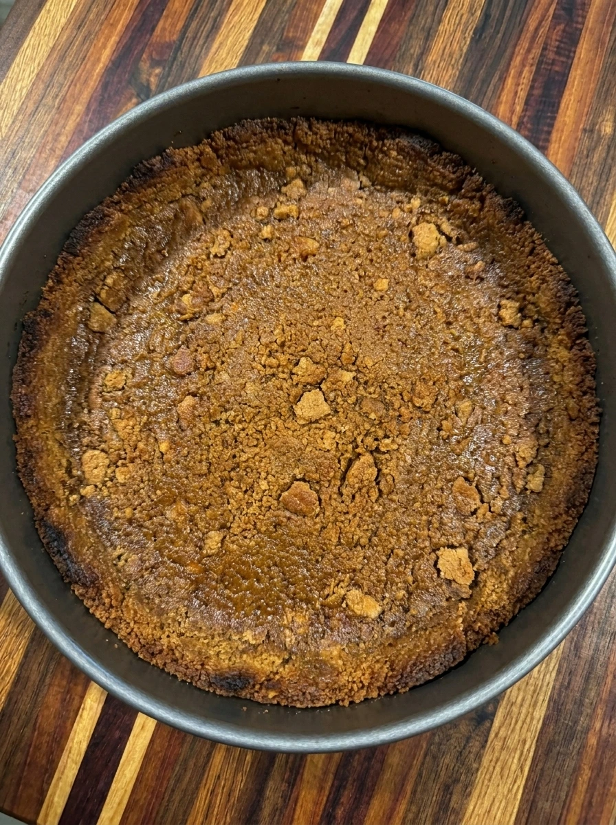 Pressed and lightly baked gingersnap cookie crust inside a round springform pan