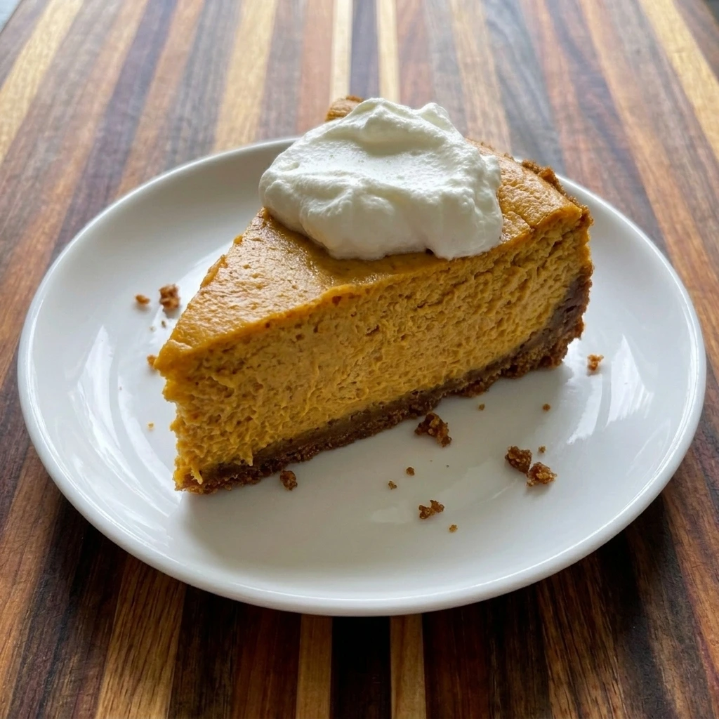 Single slice of sweet potato cheesecake showing creamy orange filling and crunchy gingersnap crust