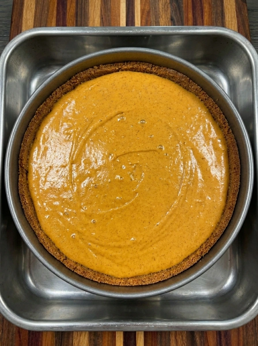 Unbaked sweet potato cheesecake filling poured over gingersnap crust in springform pan