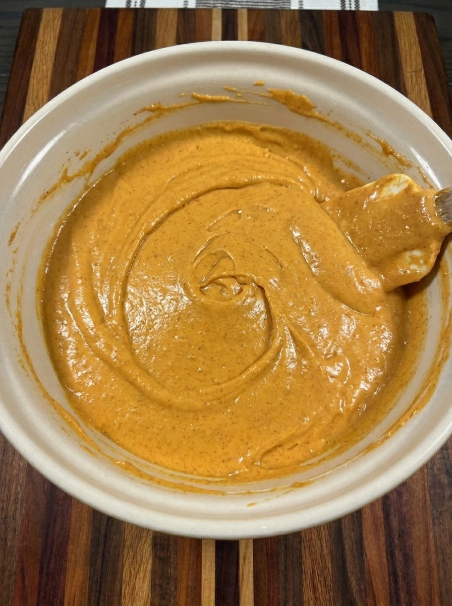 Smooth orange sweet potato cheesecake filling mixed in a bowl with cinnamon and ginger