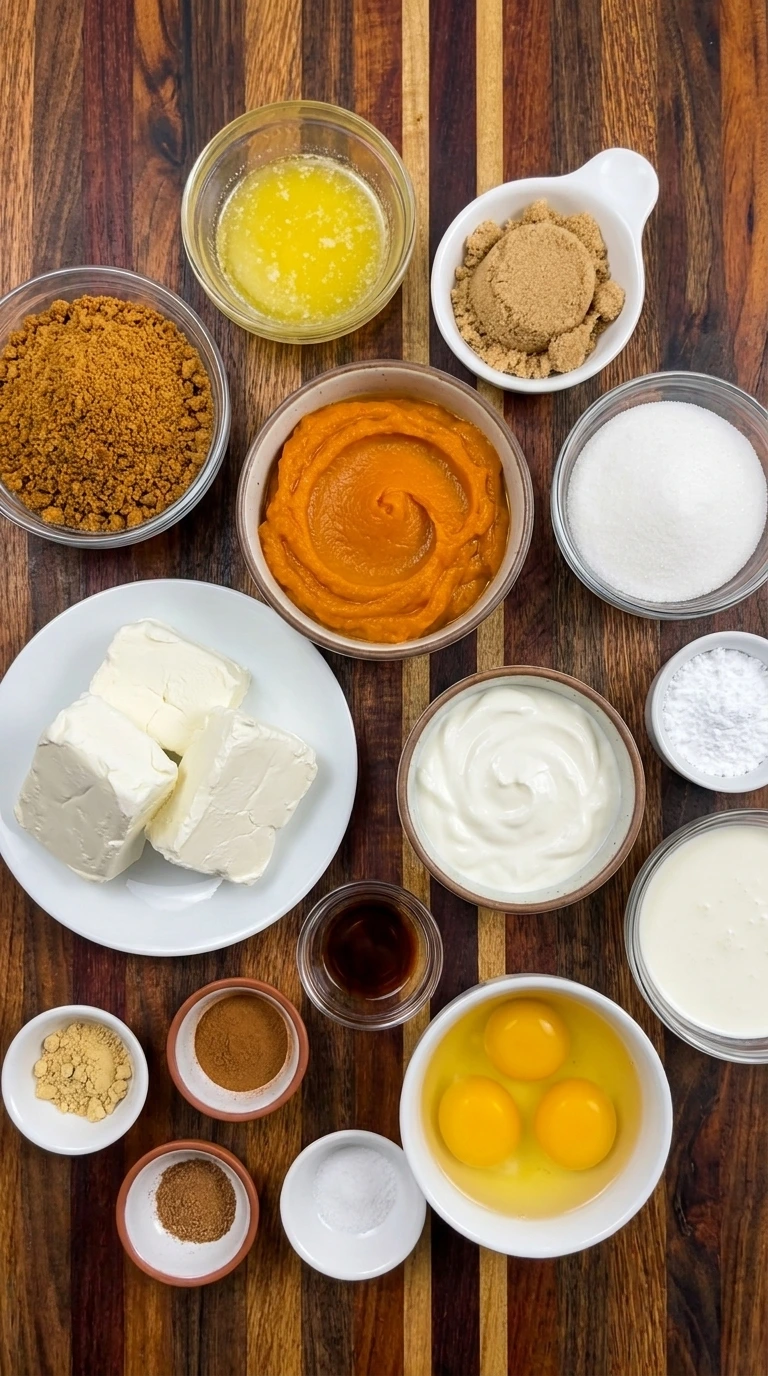 Ingredients for Sweet Potato Cheesecake with Gingersnap Crust in separate small bowls