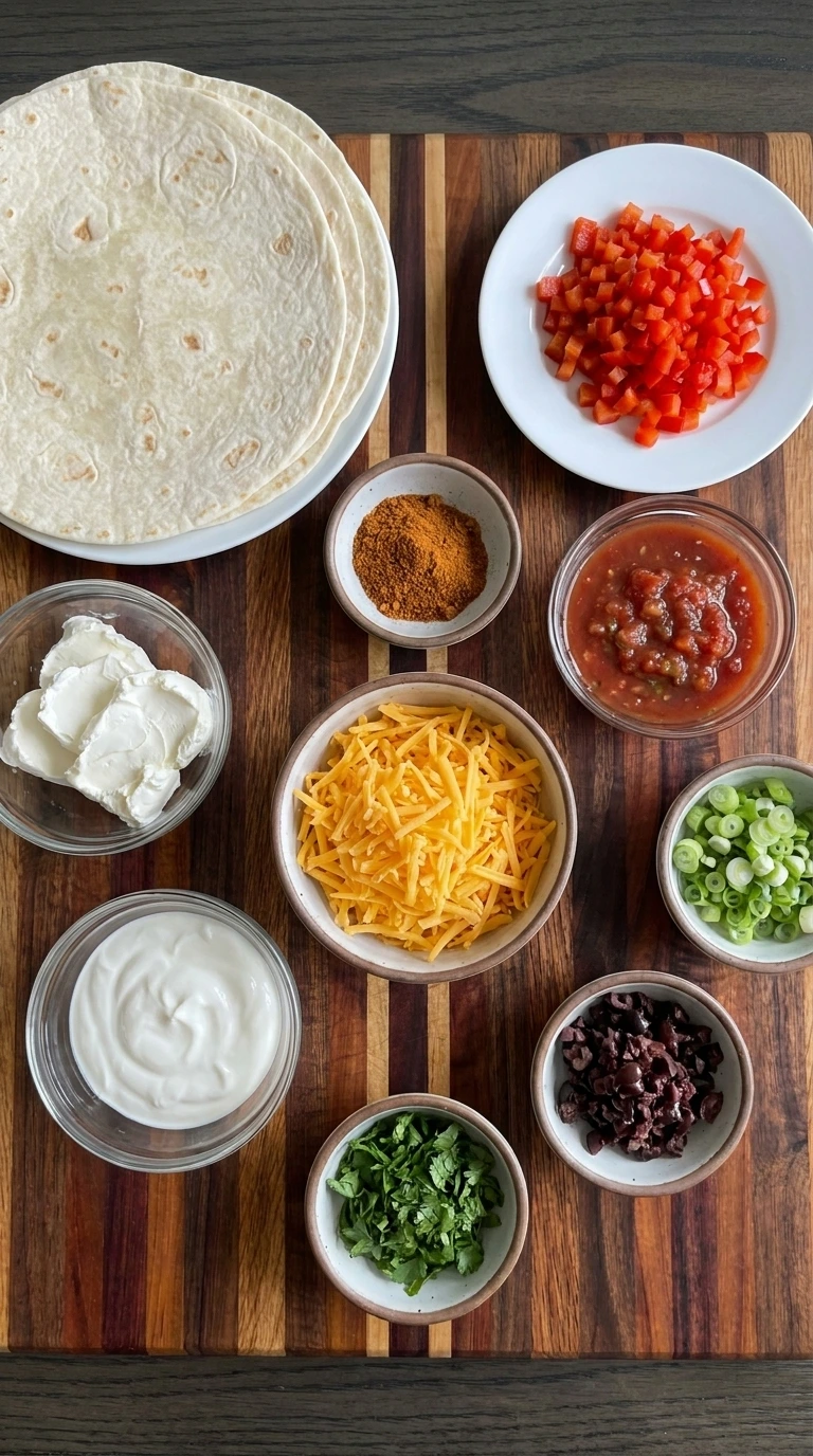 Ingredients for Taco Tortilla Roll-Ups arranged in separate small containers