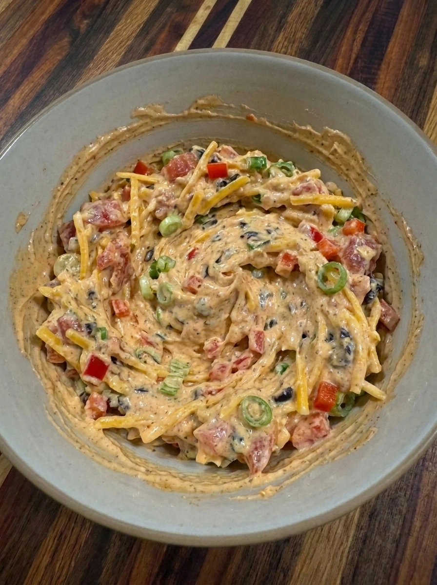 Colorful taco filling mixed with cheddar and salsa and vegetables