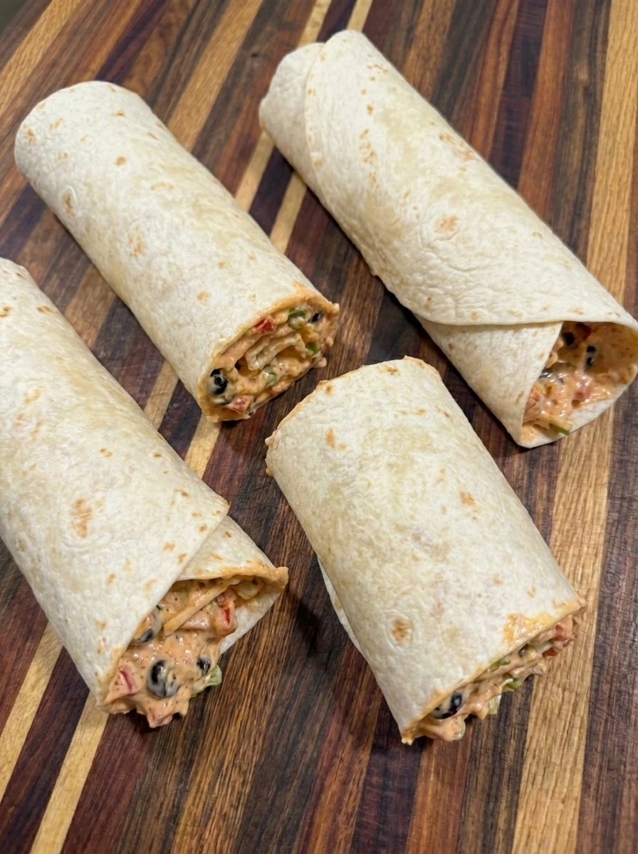 Four filled tortillas rolled into firm cylinders before slicing