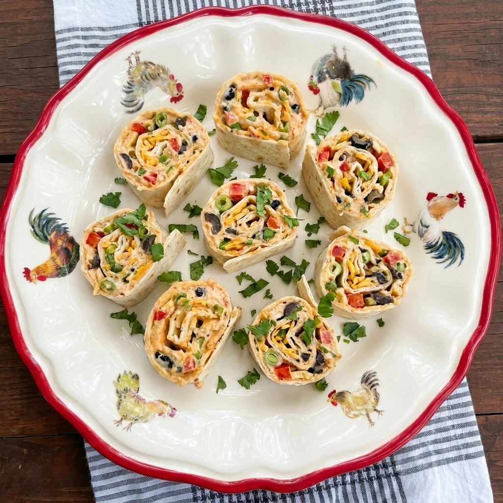 Single serving of sliced Taco Tortilla Roll-Ups showing colorful spiral filling