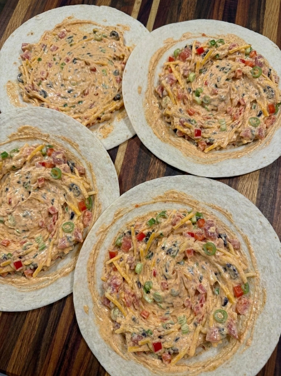Four flour tortillas spread with colorful taco filling