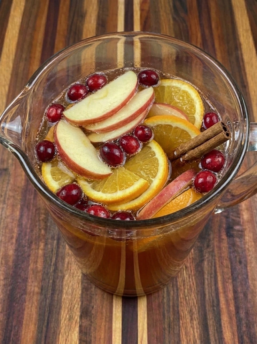 Thanksgiving Punch with sparkling ginger ale and floating apple slices and orange rounds and cranberries.