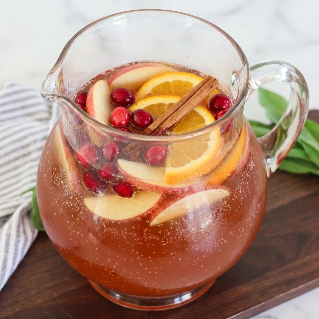 Homemade Thanksgiving Punch in a glass pitcher with apple cider and cranberry juice plus orange slices and apples and cranberries.