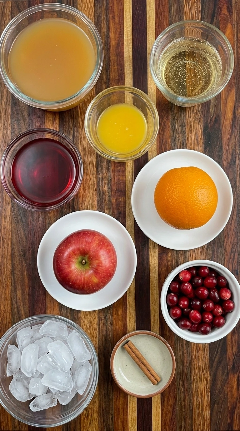 Thanksgiving Punch ingredients including apple cider and cranberry juice and ginger ale with oranges and apples and fresh cranberries.