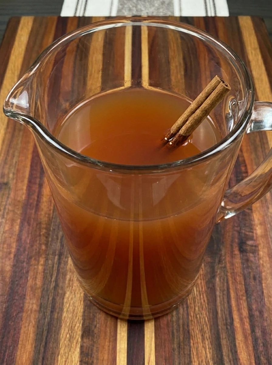 Apple cider and cranberry juice combined with orange juice and a cinnamon stick in a glass pitcher.