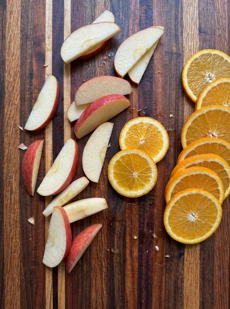 Thinly sliced red apples and orange rounds ready for homemade Thanksgiving Punch.