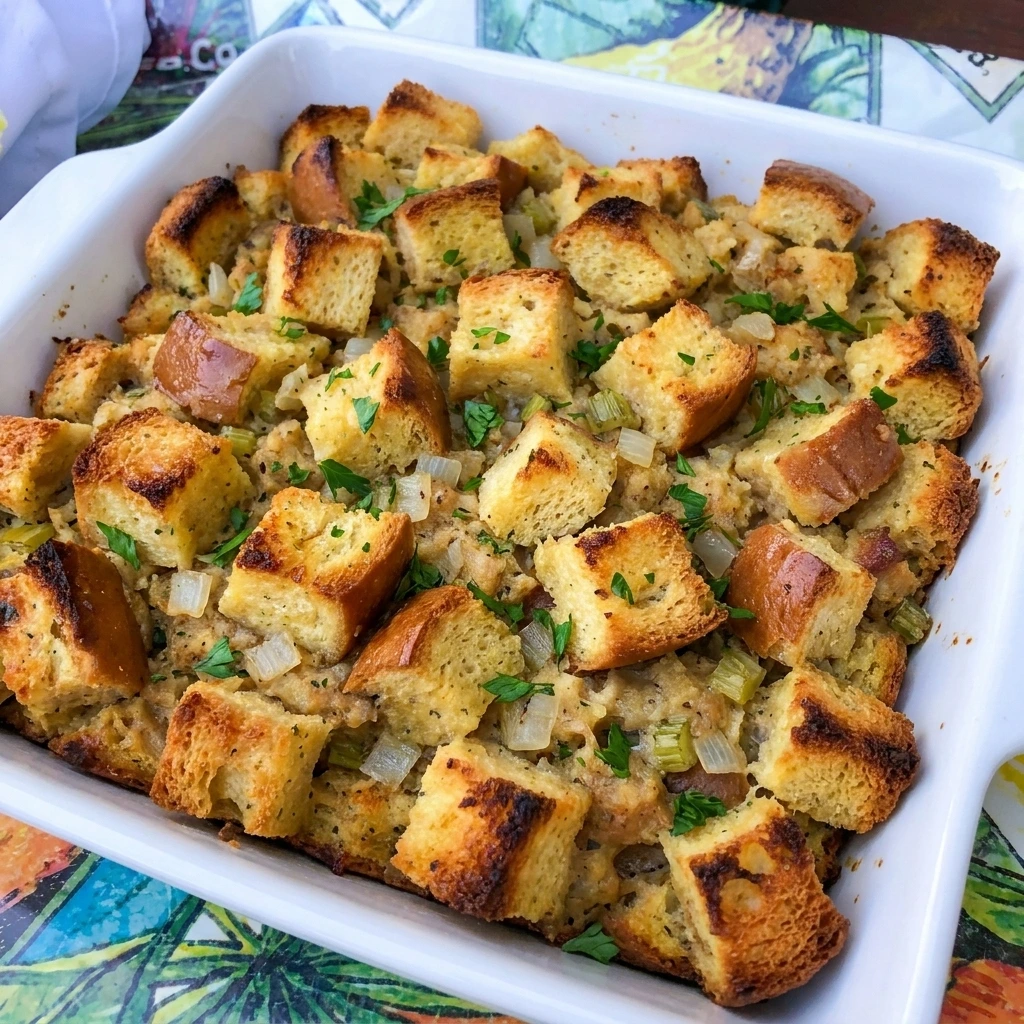 Homemade Thanksgiving Stuffing with golden crispy bread cubes and savory herbs in a ceramic baking dish