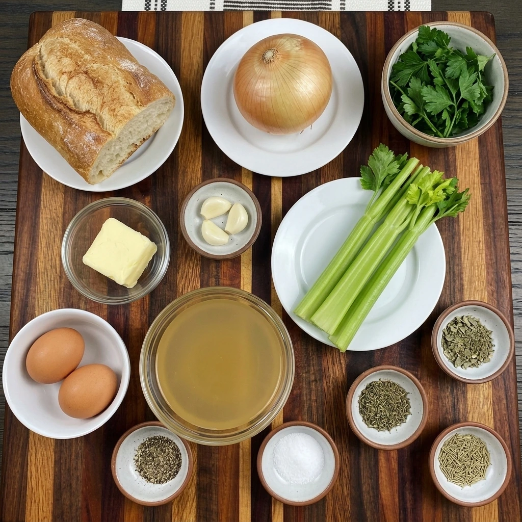 Ingredients for Thanksgiving Stuffing including bread and butter and vegetables and herbs