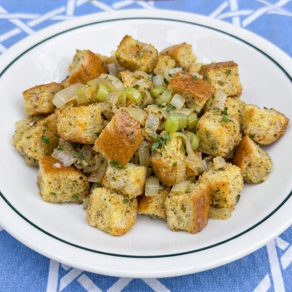Single serving of Thanksgiving Stuffing with a crispy golden top and tender interior